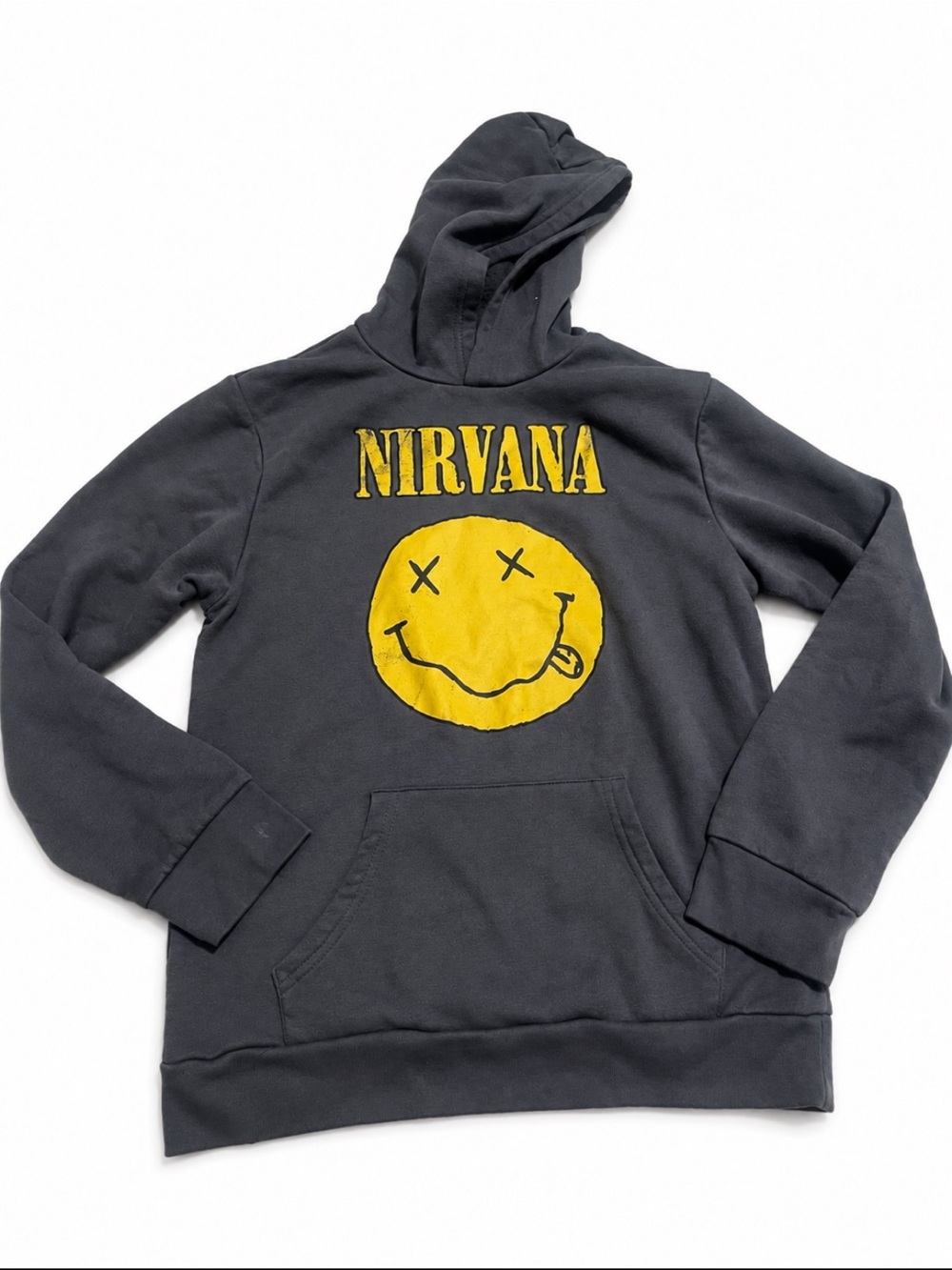 Nirvana Smiley Face Graphic Hoodie Charcoal Gray Fleece Sweatshirt Size 18
